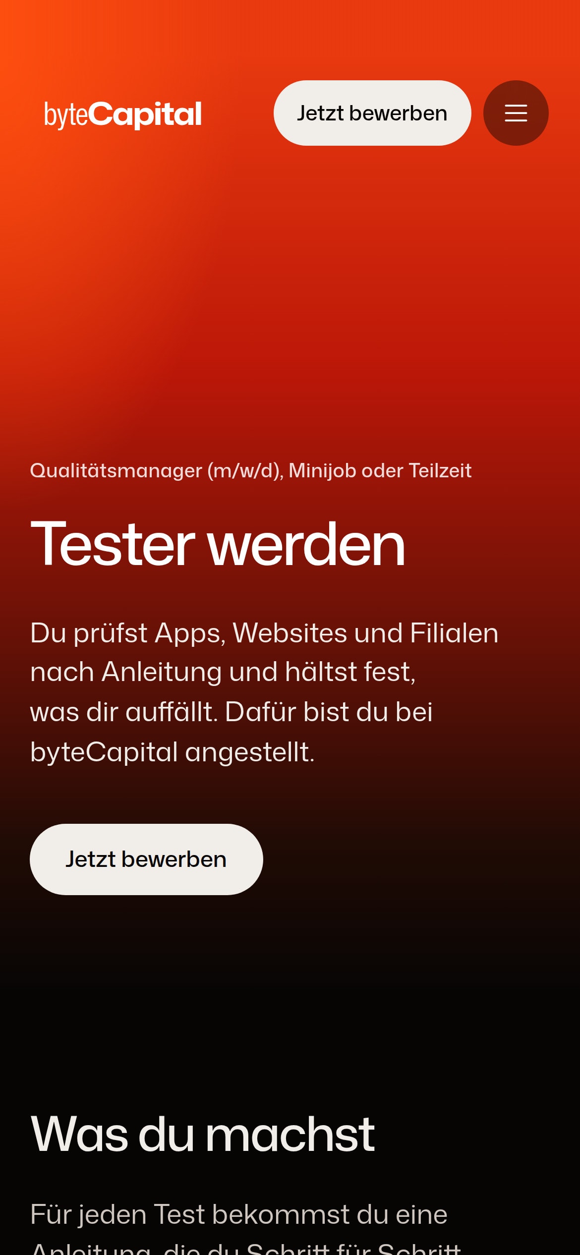 Seite „Tester werden“ von byteCapital auf einem Android-Smartphone