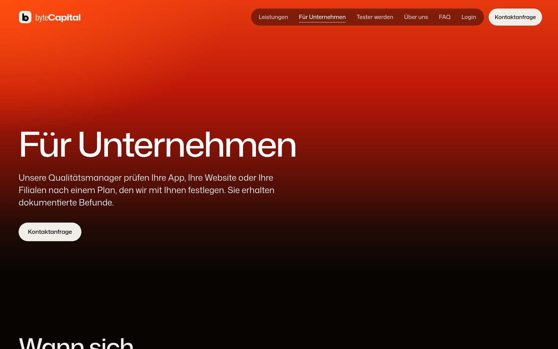 Seite „Für Unternehmen“ von byteCapital in einem Browserfenster unter Windows